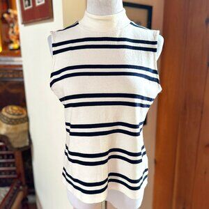TALBOTS Cream Navy Black Stripe Breton Nautical Sleeveless Mock Neck Top – M